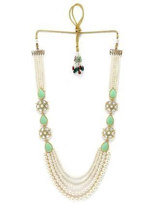 Karatcart Pearl Beaded Light Green Carved Stone Kundan Rani Haar Necklace Set for Women