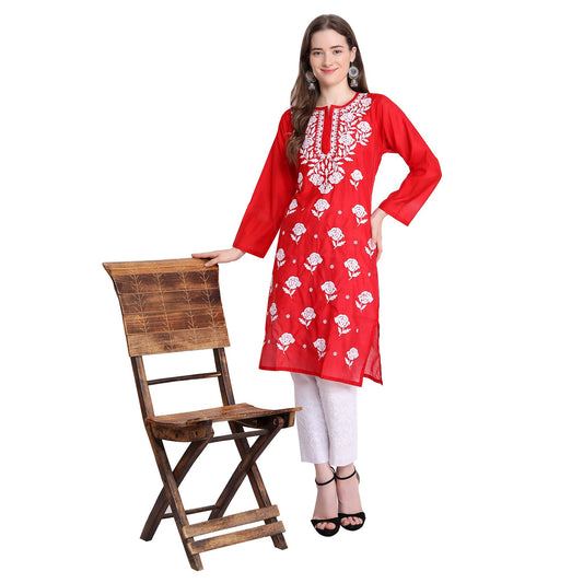 Women Chikankari Chanderi Silk Straght Kurti